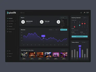 Studio Management Dashboard admin analytics chart dark dashboard graph management recording report saas singer studio theme trending ui design ui kit uiux user interface webapp
