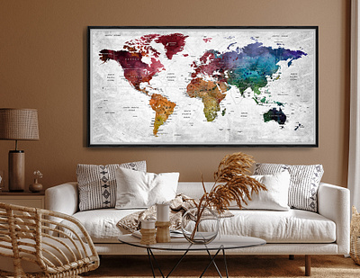 World Push Pin Colorful Map, Push Pin Map Poster