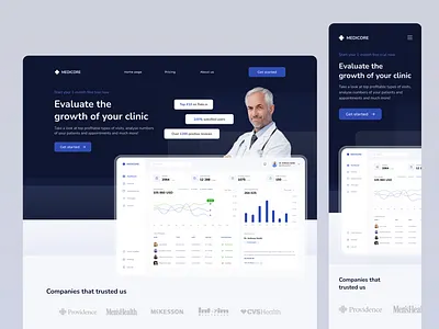 💉 Medical Landing blue clinic concept dark blue dashboard doctor landing page med dashboard med landing medical app medical landing medtech minimalistic mobile mobile first product progress ui design uxui web