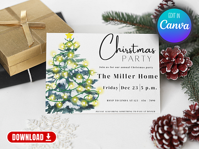 Watercolor Christmas Tree Card - 7 x 5" annual xmas party canva christmas christmas dinner christmas invitation christmas party christmas party invite digital invitation digital xmas invite family and friends graphic design invitation template party invitation xmas invite yuletide games