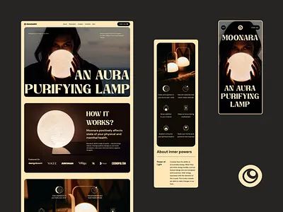MOONARA Single Page. Web and Mobile benefits branding dark theme esoteric feminine graphic design icons interior kikstarter lamp landing logo minimalistic mobile moon nighlight shop single page ui web