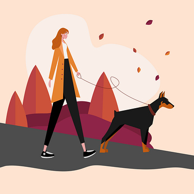 A girl on a walk art autumn cute doberman dog flat design girl ill illustration