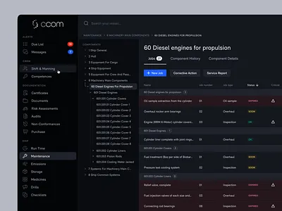 CCOM - ISM & Safety Management bars ccom dark dashboard list maintenance menu navigation norway sea ship side status system table tabs toggle tree ui vessel