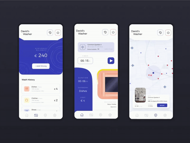 Portable Washers App- Exploration 2030 app design figma fun future illustration laundromats quirky service ui washers washing machine