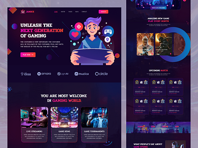 Jamice - Gaming Landing Page Design battle colorful dark exploration game game design game guide gaming landing page gaming platform gaming website home page illustration landing page layout minimal mobile games ui uiux web design website