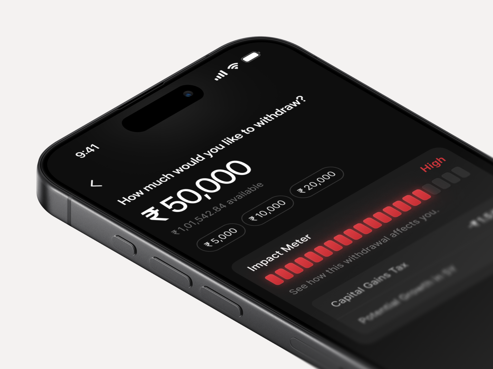 Withdrawal Impact Concept dark mode finance investment app meter red withdraw