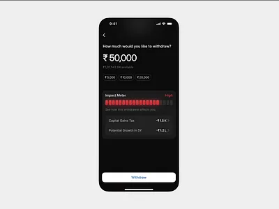 Impact meter concept in action dark mode finance investment app meter red withdraw