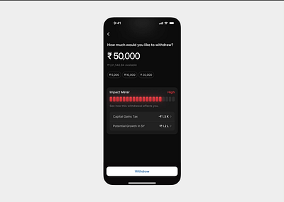 Impact meter concept in action dark mode finance investment app meter red withdraw