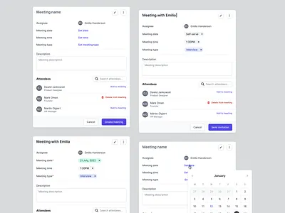Meeting Modals - Recruitment Platform SaaS calendar calendar meeting components hr meeting meeting component meeting components meeting modals meeting schedule modals product product design recruitment recruitment saas recruitment saas plaftorm schedule schedule meeting schedule meeting component tailwind ui