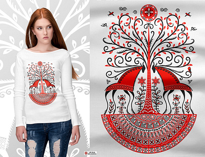 Deer, tree of life, birds, sun. folk art illustration mezen painting ornament russian ornament summer style textile design