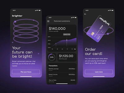 Retirement planner app branding concept design finance fintech futuristic glow mobile application retirement retirement planner saving space ui ux