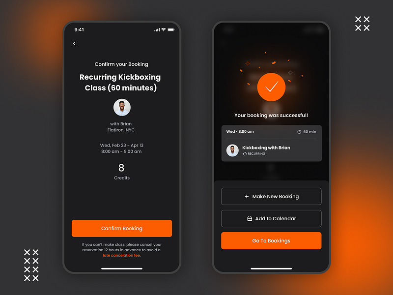 Fitness mobile app – booking confirmed app booking calendar card dark dark theme fitness ios app notification product design success successful booking ui