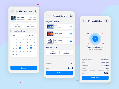 Booking, Payment Method & Payment Success Screen App Design app app design booking screen mobile mobile app deisgn mobile app design payment method payment screen popular success payment travel travel app travel app design travel booking travel booking screen ui ui design ui ux design ux