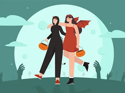 Halloween Costume Party cemetery character costume couple dark dead design devil dracula evil flat friends graphic design halloween illustration night people pumpkins spooky vector