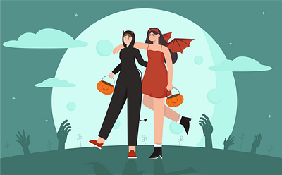 Halloween Costume Party cemetery character costume couple dark dead design devil dracula evil flat friends graphic design halloween illustration night people pumpkins spooky vector