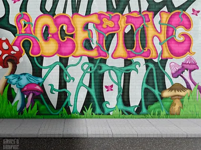 Accepting Gaia Mural Design art bold character design colorful design earth gaia graphic design healing illustration mural mural art mural design mushroom mushrooms nature psychedelic type typography vector