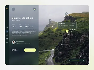 Travel app app blur clear clear design dark design image minimalism mountain nature photo pin tooltip travel trip ui ux yellow
