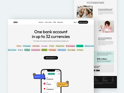 Latte - A multi-currency bank account for digital nomads agency card cash credit card dark mode dashboard finance fintech japan landing page logo mobile app money payment settings tabs ui ui design web app website design