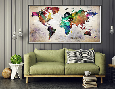 WORLD MAP Wall Decor, PushPin Poster Prints, Watercolor Colorful