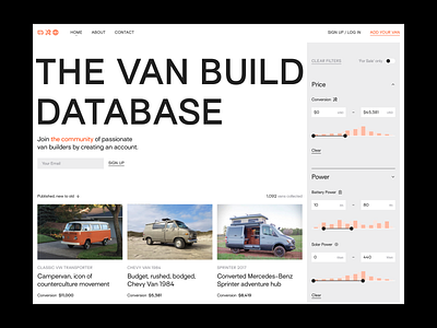 VBDB Homepage 69420 build car community composition database figma hero homepage loader orange surt ui van vindar web design