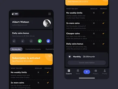 Bubbble.me - Premium Account account banner benefits dark ui interface mobile app pay plan payment portfolio premium profile promotion service status subscription table ui ui element ux widget