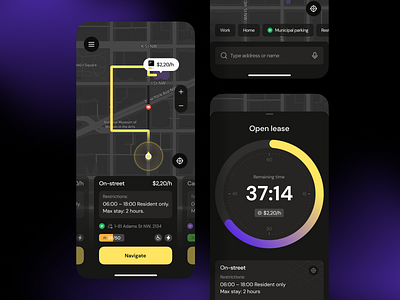 Mobile parking app address app book car dark gps location map mobile navigation navigator park parking parking area parking slot pin price route street travel