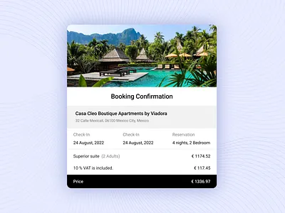 Booking Confirmation book booking confirmation dailyui design donut email hotel landing modal pop up popup receipt travel ui