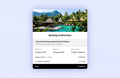 Booking Confirmation book booking confirmation dailyui design donut email hotel landing modal pop up popup receipt travel ui