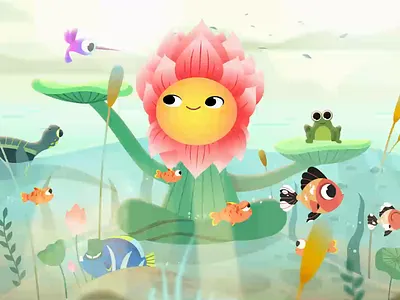 Lotus Pond 2d animation cattails chara character earth day environment fish frog illustration koi lotus meditate nature pond save the earth thelittlelabs turtle