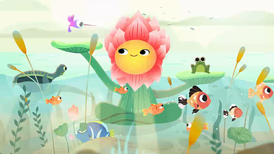 Lotus Pond 2d animation cattails chara character earth day environment fish frog illustration koi lotus meditate nature pond save the earth thelittlelabs turtle