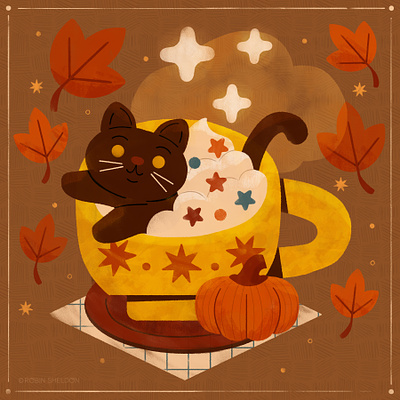 DTIYS #berriemoo2k art cat cute design digital digital illustration drawing fall illustration leaf pumpkin spice robin sheldon