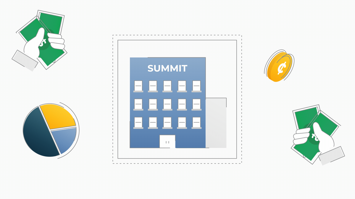 Summit Financial - Finances animation blue building business clouds coin finances financial green icons line art money motion graphics mountains pie graph summit vector yellow