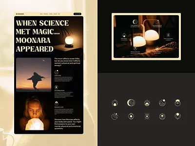 MOONARA: Identity and Web Design aura benefits branding dark theme elegant icons graphic design icons identity illustration lamp magic moon moon logo night our story product page shop ui web women