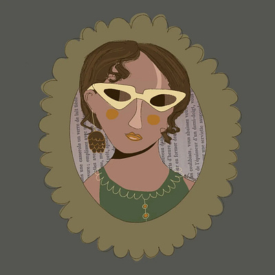 Self Portrait with a Pinecone Earring brown hair brunette collar elegant female frame futuristic girl glasses illustration painting portrait retro serious stylish summer sunglasses tanned woman