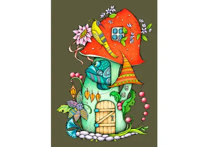 Fairy house artistic bird design graphic house illustration ink markers mushroom sketch watercolor