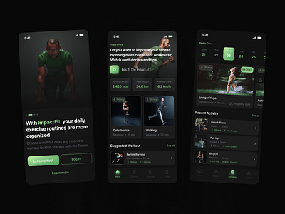 ImpactFit: Workout App app dark design fitness green gym home ios mobile mode networthy new onboarding popular premium schedule trainer trending ui workout