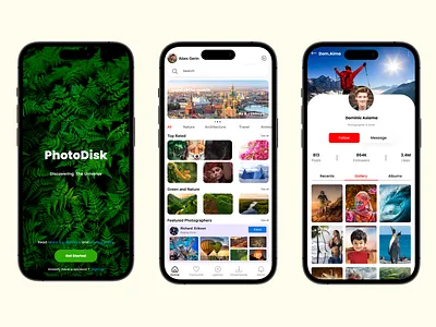 PhotoDisk-Photography App app design image mobile app photo photo upload app photographer photography ui uiux user experience user interface ux wallpaper