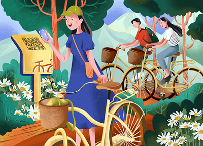 Bicycle Rental-Illustration 2d app beauty bicycle branding brush character illustration design digital illustration full color graphic design illustration landscape logo procreate ui