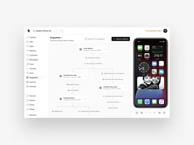 Corellium App — Snapshots Concept android clone concept corellium design development emulator history ios iphone product research restore save security snapshots state testing training visual