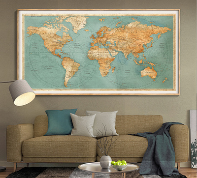 World Map Wall Art Poster Turquoise Pushpin Map Painting