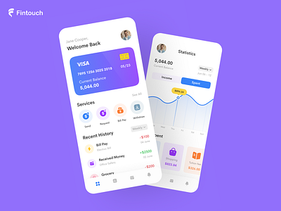 Fintouch - Fintech Mobile App app design bank card banking app credit card ewallet finance finance app financial fintech fintech app mobile app money transfer online banking payment payment app send money srsoumik transactions trendy app wallet app