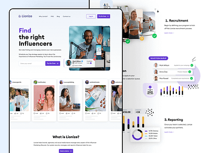 Lionize influencers platform: webflow design analytics cards creators data design friendly identity illustration influencers landing page modern playful product design saas social startup ui web webflow webpage