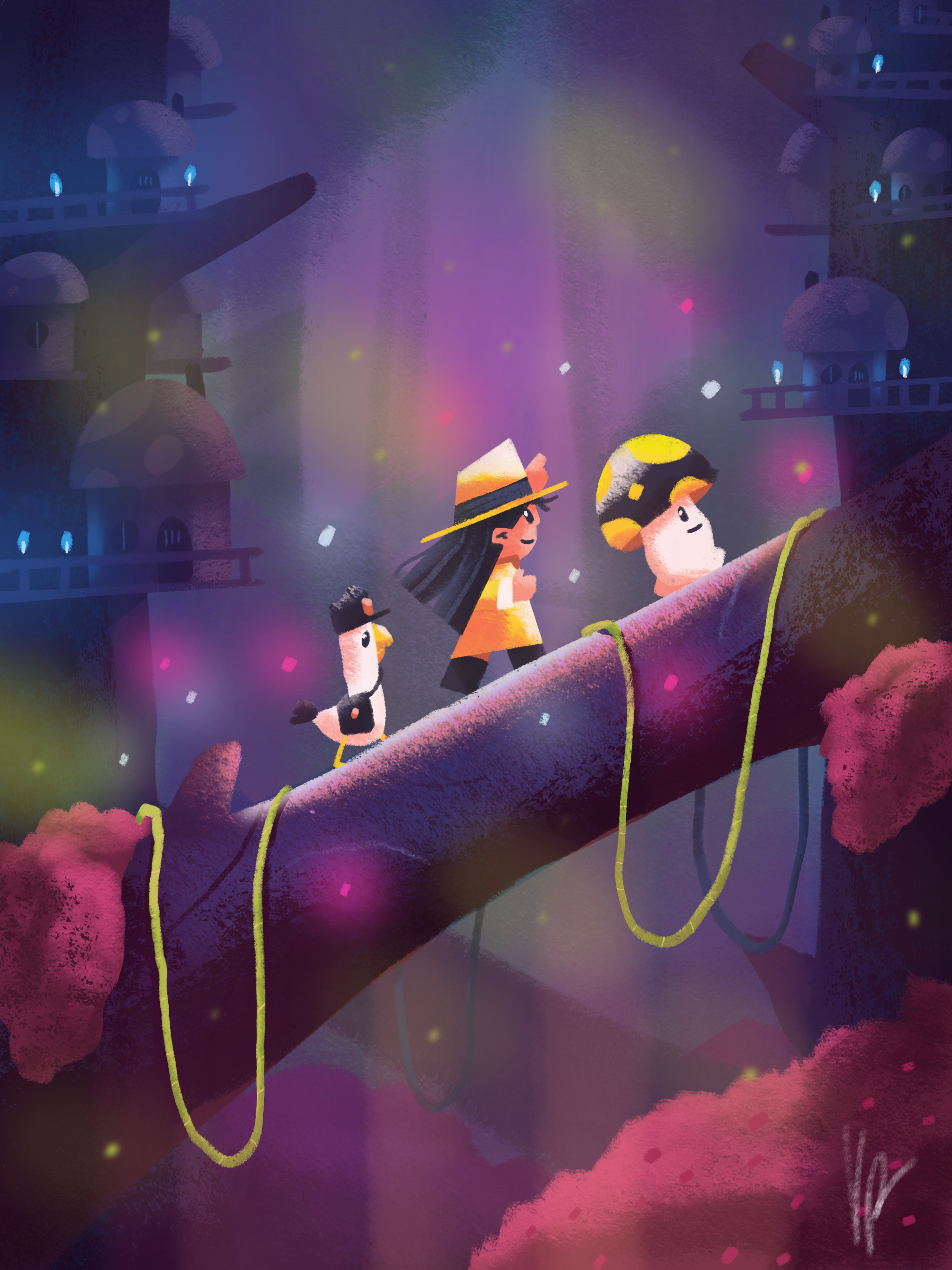 Adventure awaits! adventure duck forest girl graphic design illustration line minimal mushroom simple village