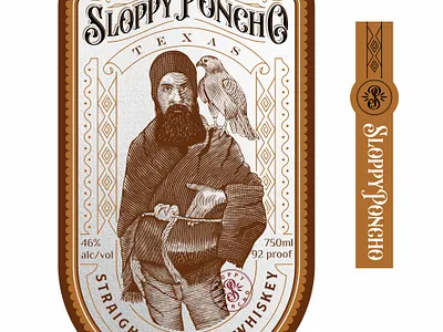 Sloppy Poncho artwork character custom lettering engraving hand drawn illustration label design old school scratchboard vintage whiskey