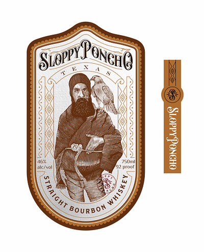 Sloppy Poncho artwork character custom lettering engraving hand drawn illustration label design old school scratchboard vintage whiskey