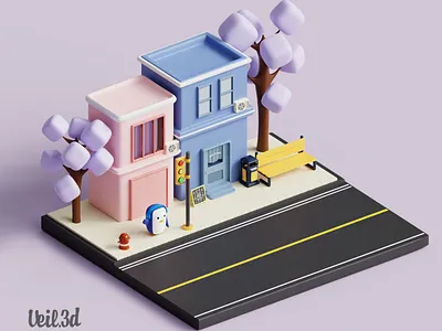 Adorable Penguin Isometric 3d 3d illlustration 3d render adorable city cute design illustration isometric low poly pastel penguin say hi street tree