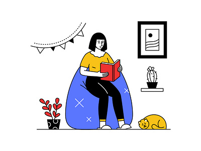 Girl reading a book illustration book character design flat design hobby home illustration line reading scene style vector