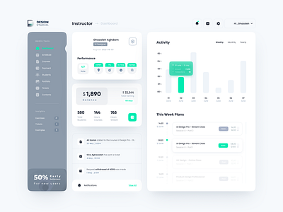 LMS Platform - Instructor Dashboard Design chart dashboard design green instructor learning lms managment minimal notifications performance product schedul teaching ui wallet