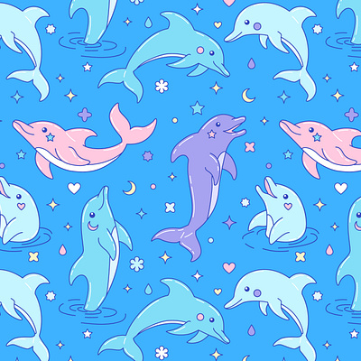 Dolphins seamless pattern blue cartoon design dolphin flat geometric illustration kawaii pattern tropical vector