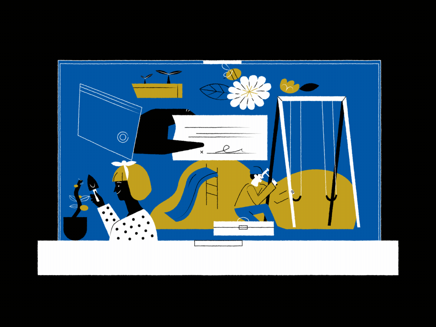 UCT - Rainy Days animation blue brand character construction design hammer illustration insurance mograph motion graphics mustard yellow rainy rainy days simple swingset uct umbrella video white